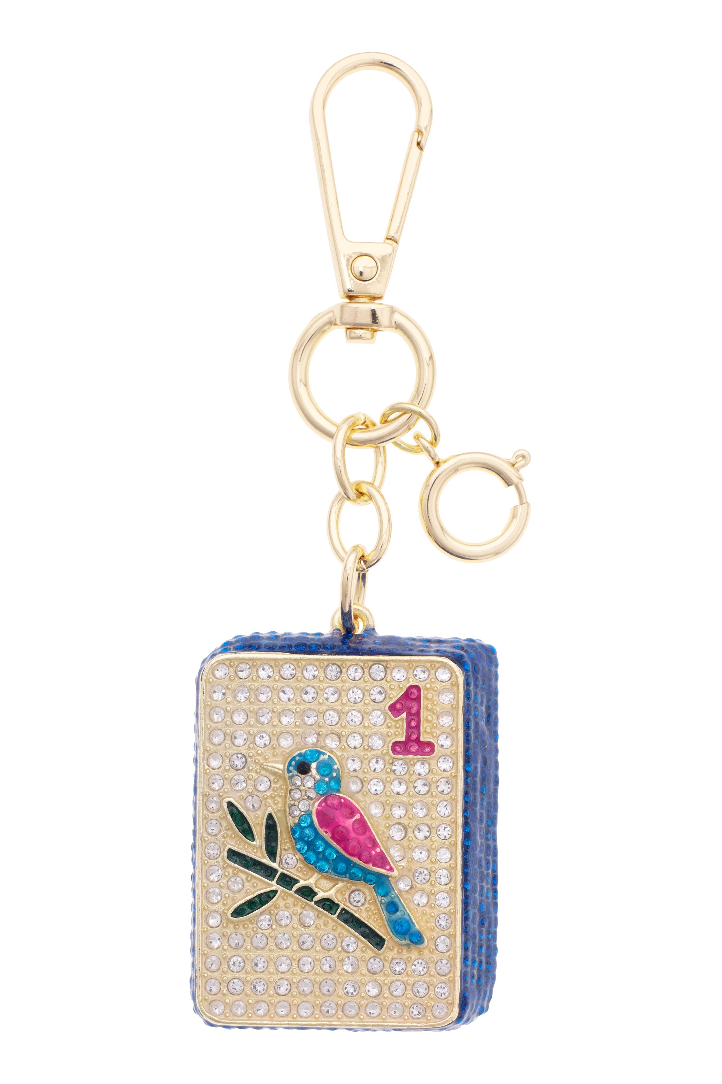Mahjong One Dot tile-shaped keychain featuring a bird design, silver rhinestones, blue rhinestone accents, and gold-tone hardware.
