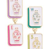 Four Winds mahjong-inspired drop earrings featuring colorful enamel ginger jar tile designs.