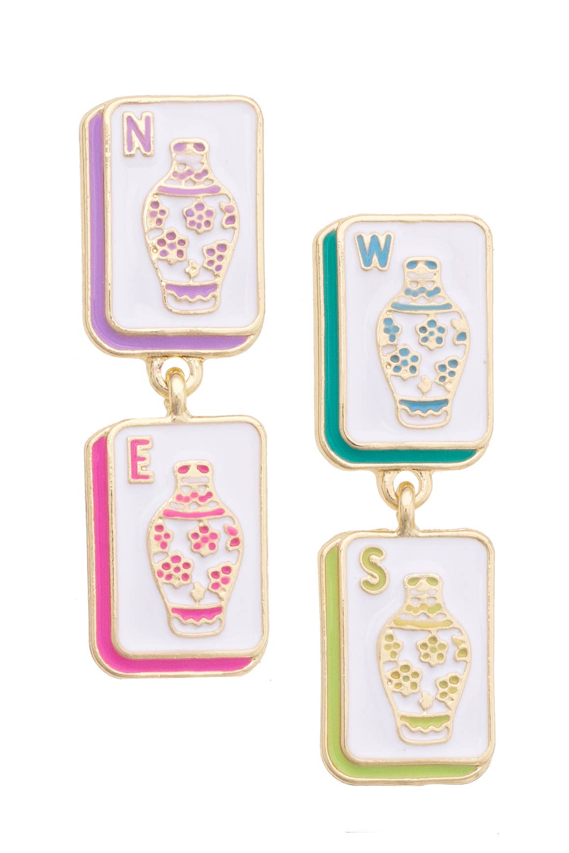 Four Winds mahjong-inspired drop earrings featuring colorful enamel ginger jar tile designs.