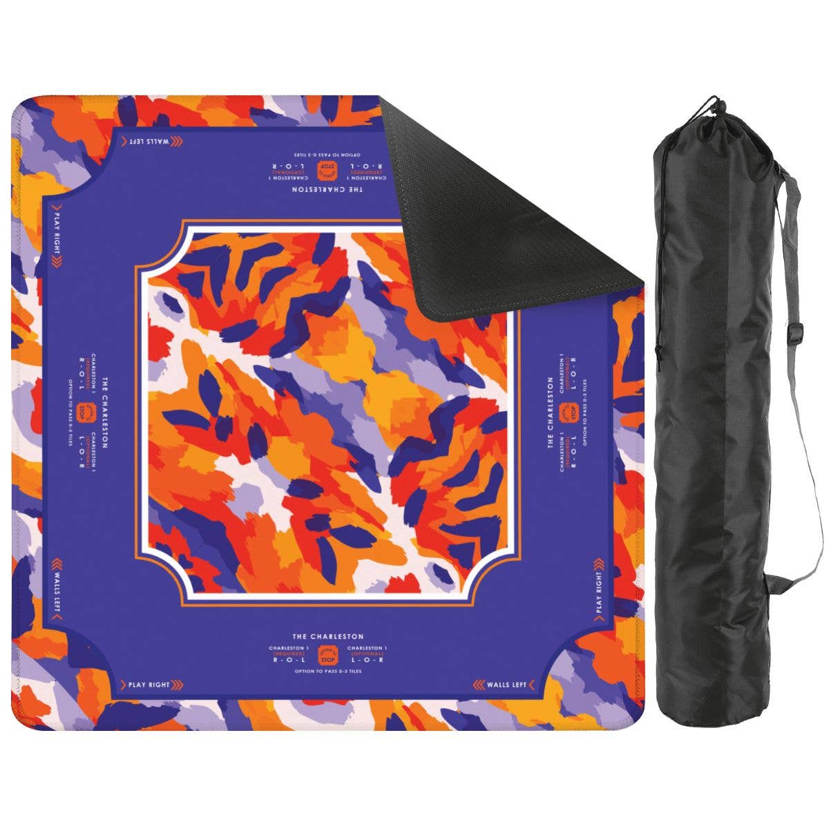 Orange and purple Clemson-inspired abstract brushstroke Mahjong mat with a structured playing layout and directional markers.