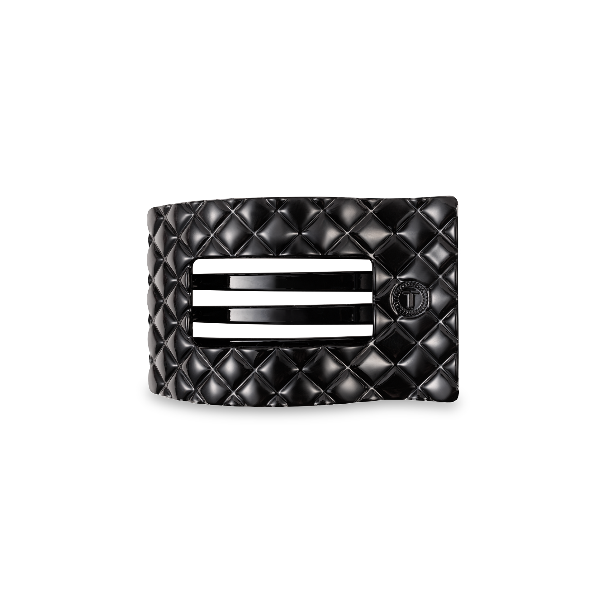 TELETIES small flat rectangle hair clip in jet black quilted design.