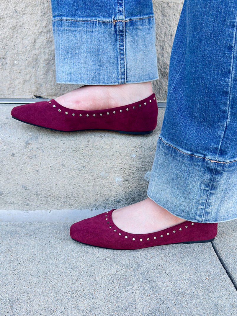 Faux Suede Garnet Ballet Flat with Silver Studs - The Pink Pineapple 850