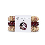 Set of three small garnet and gold Teleties spiral hair coils with FSU branding