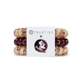 Set of three small garnet and gold Teleties spiral hair coils with FSU branding