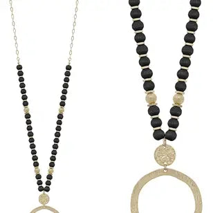 Black Wood Beaded with Hammered Gold Circle Drop Necklace