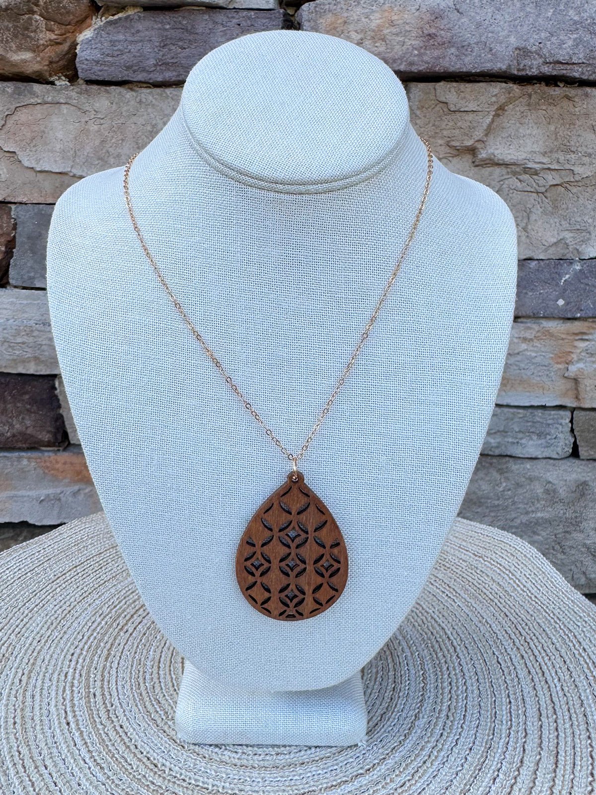 Filigree Wood Teardrop Pendant Necklace in Brown - The Pink Pineapple 850