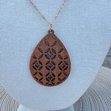 Filigree Wood Teardrop Pendant Necklace in Brown - The Pink Pineapple 850