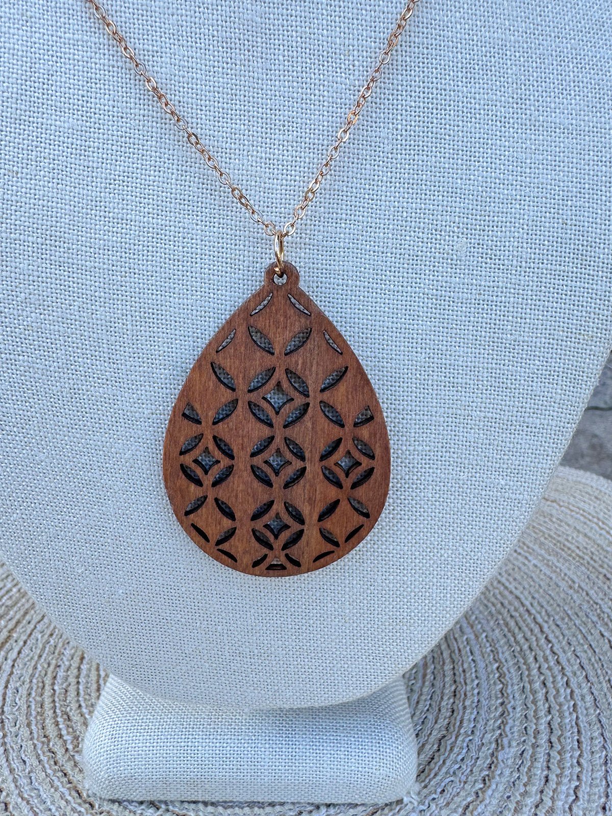 Filigree Wood Teardrop Pendant Necklace in Brown - The Pink Pineapple 850