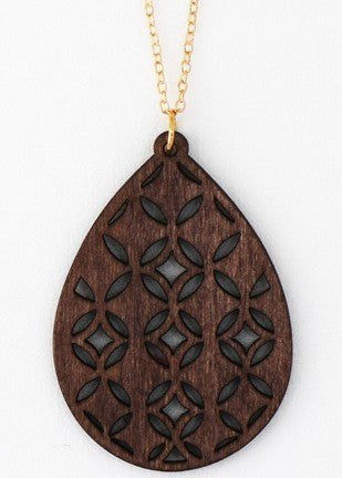 Filigree Wood Teardrop Pendant Necklace in Brown - The Pink Pineapple 850