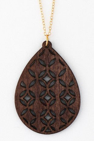 Filigree Wood Teardrop Pendant Necklace in Brown - The Pink Pineapple 850