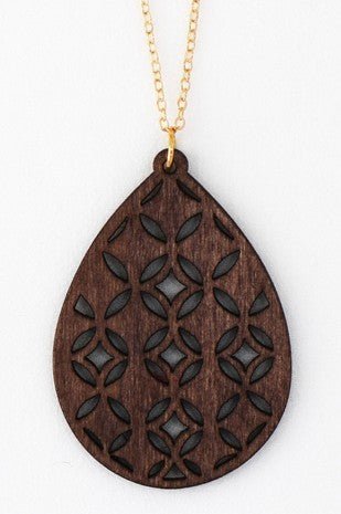 Filigree Wood Teardrop Pendant Necklace in Brown - The Pink Pineapple 850