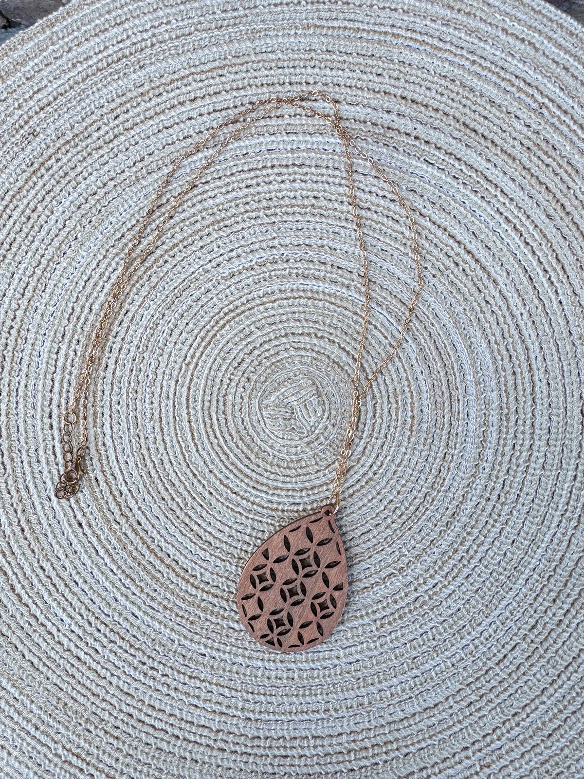 Filigree Wood Teardrop Pendant Necklace in Brown - The Pink Pineapple 850