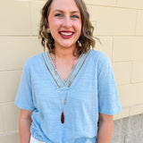 {FINAL SALE} American Dream Lace Trim V - Neckline Top in Sky Blue - The Pink Pineapple 850