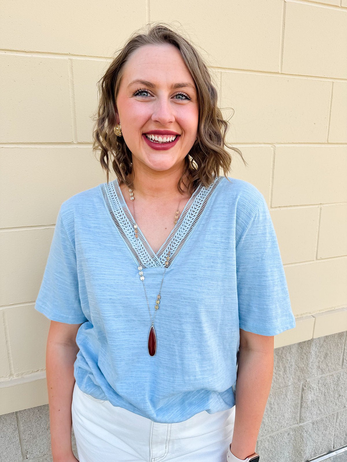 {FINAL SALE} American Dream Lace Trim V - Neckline Top in Sky Blue - The Pink Pineapple 850