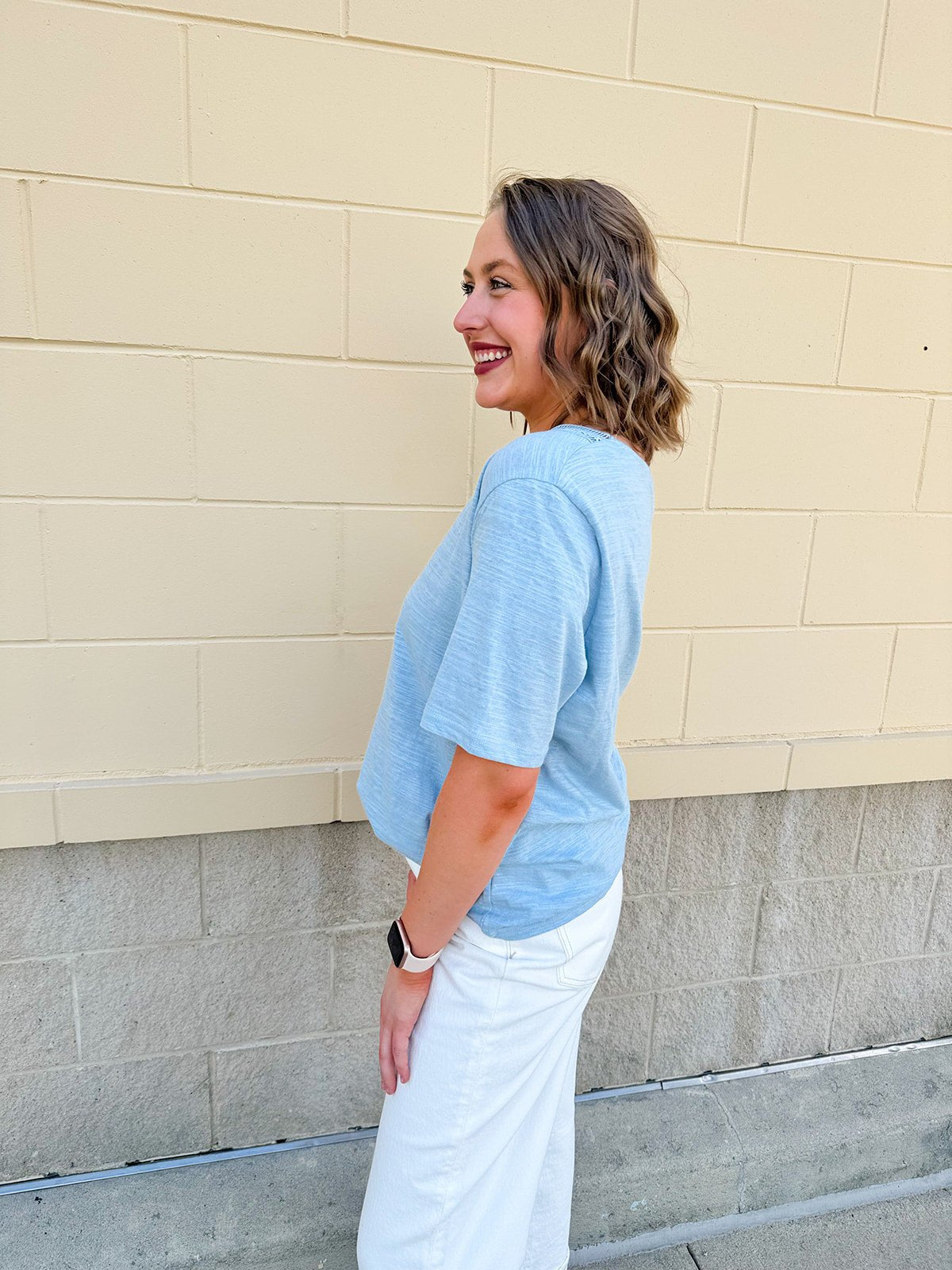 {FINAL SALE} American Dream Lace Trim V - Neckline Top in Sky Blue - The Pink Pineapple 850