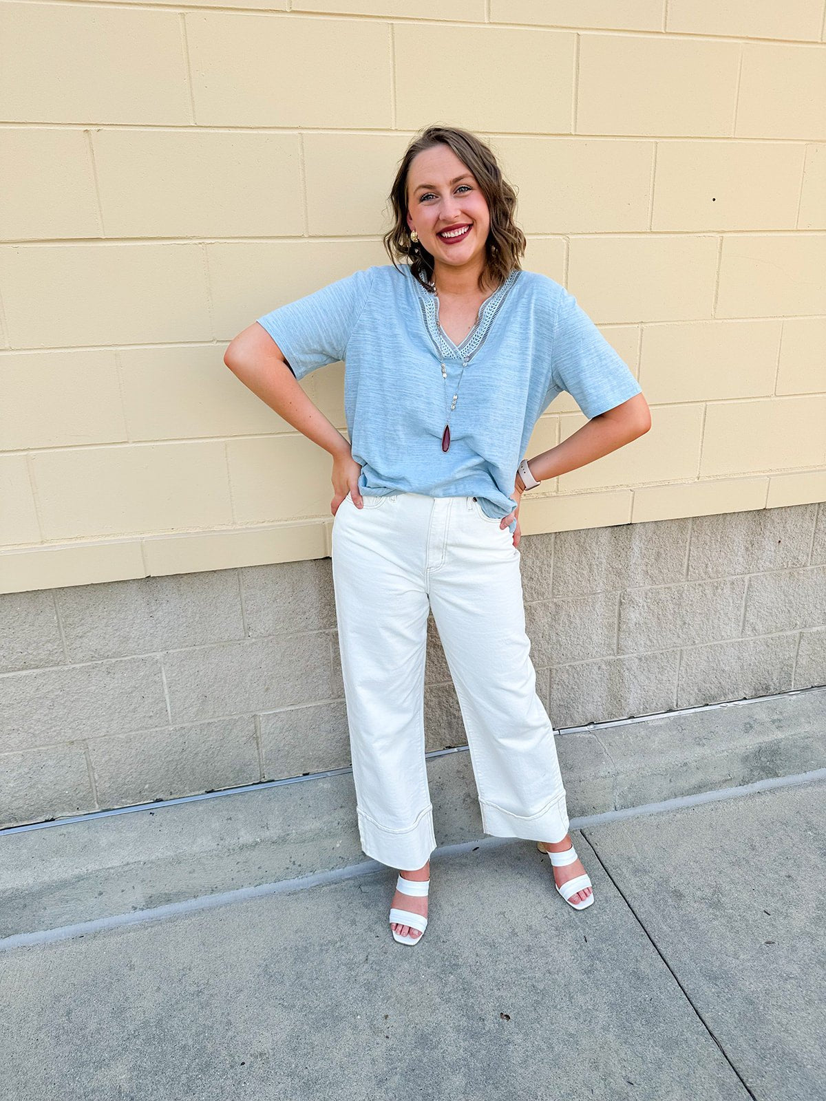 {FINAL SALE} American Dream Lace Trim V - Neckline Top in Sky Blue - The Pink Pineapple 850