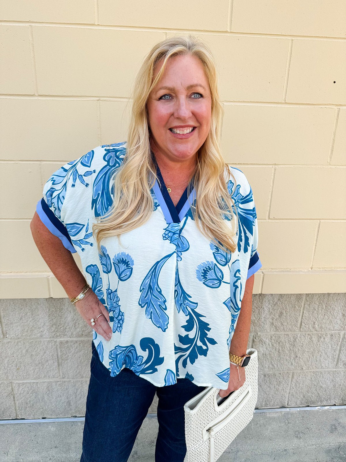 {FINAL SALE} Coastal Bloom Split Neck Top - The Pink Pineapple 850