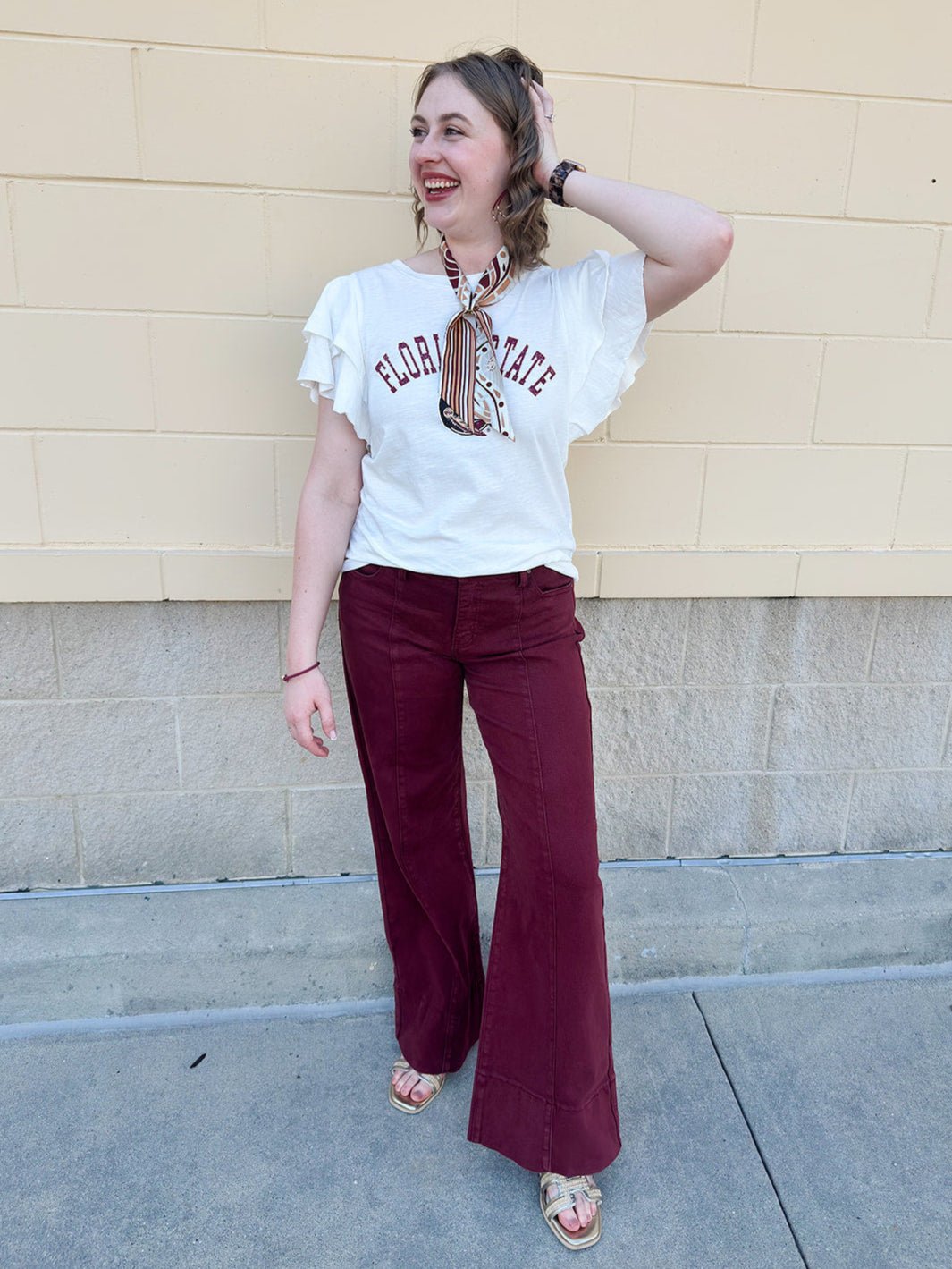 {FINAL SALE} Florida State Flutter Sleeve Crewneck Top - The Pink Pineapple 850