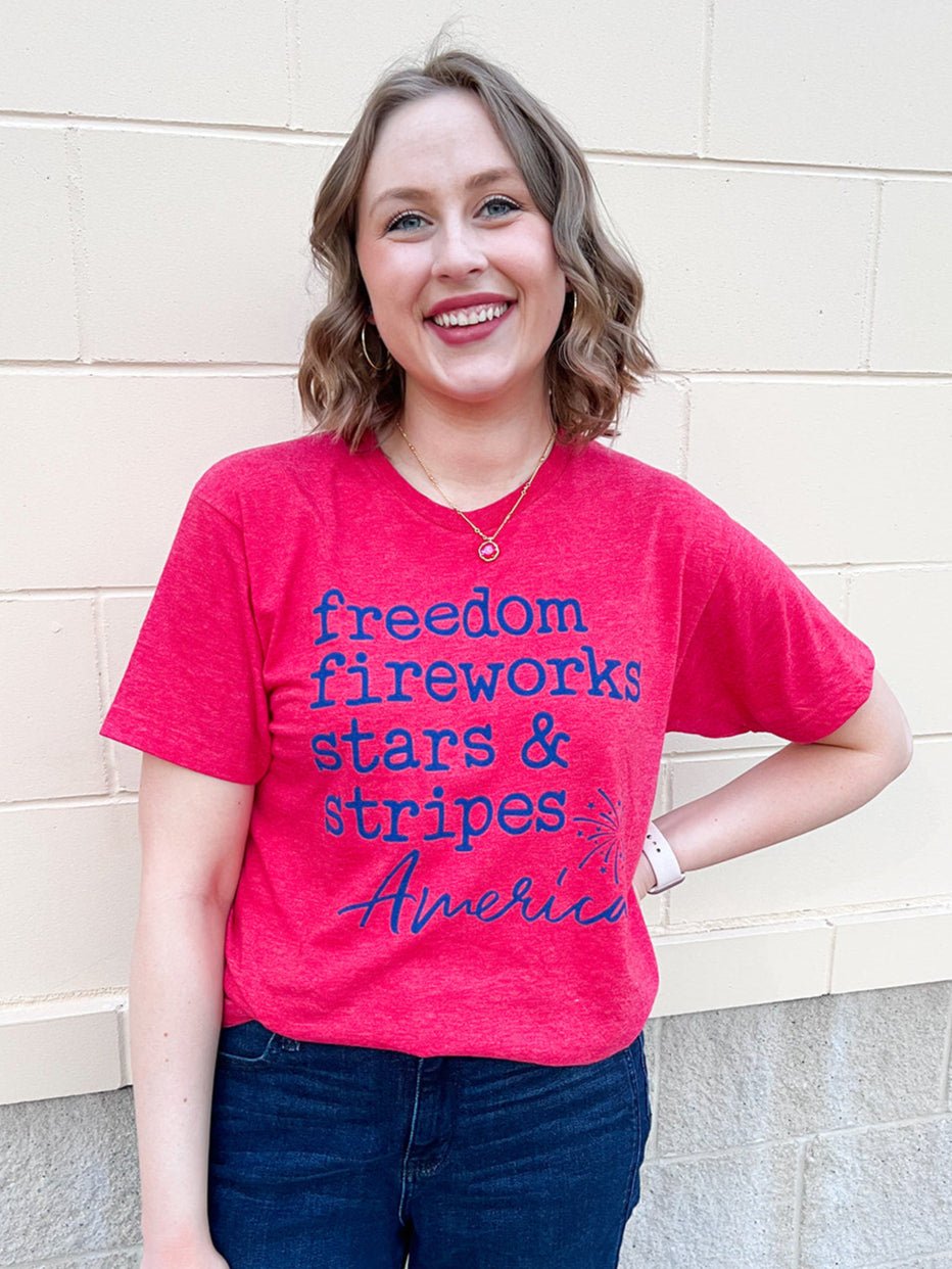 {FINAL SALE} Freedom, Fireworks, Stars & Stripes Graphic Tee - The Pink Pineapple 850