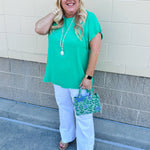 {FINAL SALE} Promising Smile Round Neck Linen Top in Kelly Green - The Pink Pineapple 850