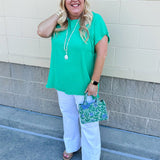 {FINAL SALE} Promising Smile Round Neck Linen Top in Kelly Green - The Pink Pineapple 850