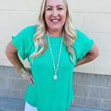 {FINAL SALE} Promising Smile Round Neck Linen Top in Kelly Green - The Pink Pineapple 850