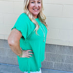 {FINAL SALE} Promising Smile Round Neck Linen Top in Kelly Green - The Pink Pineapple 850