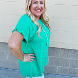 {FINAL SALE} Promising Smile Round Neck Linen Top in Kelly Green - The Pink Pineapple 850