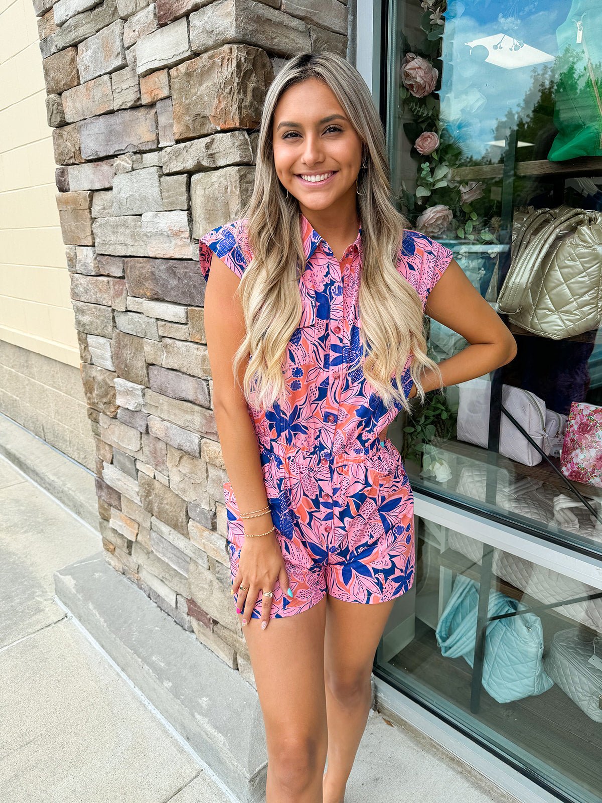 {FINAL SALE} Resort Chic Floral Poplin Romper - The Pink Pineapple 850