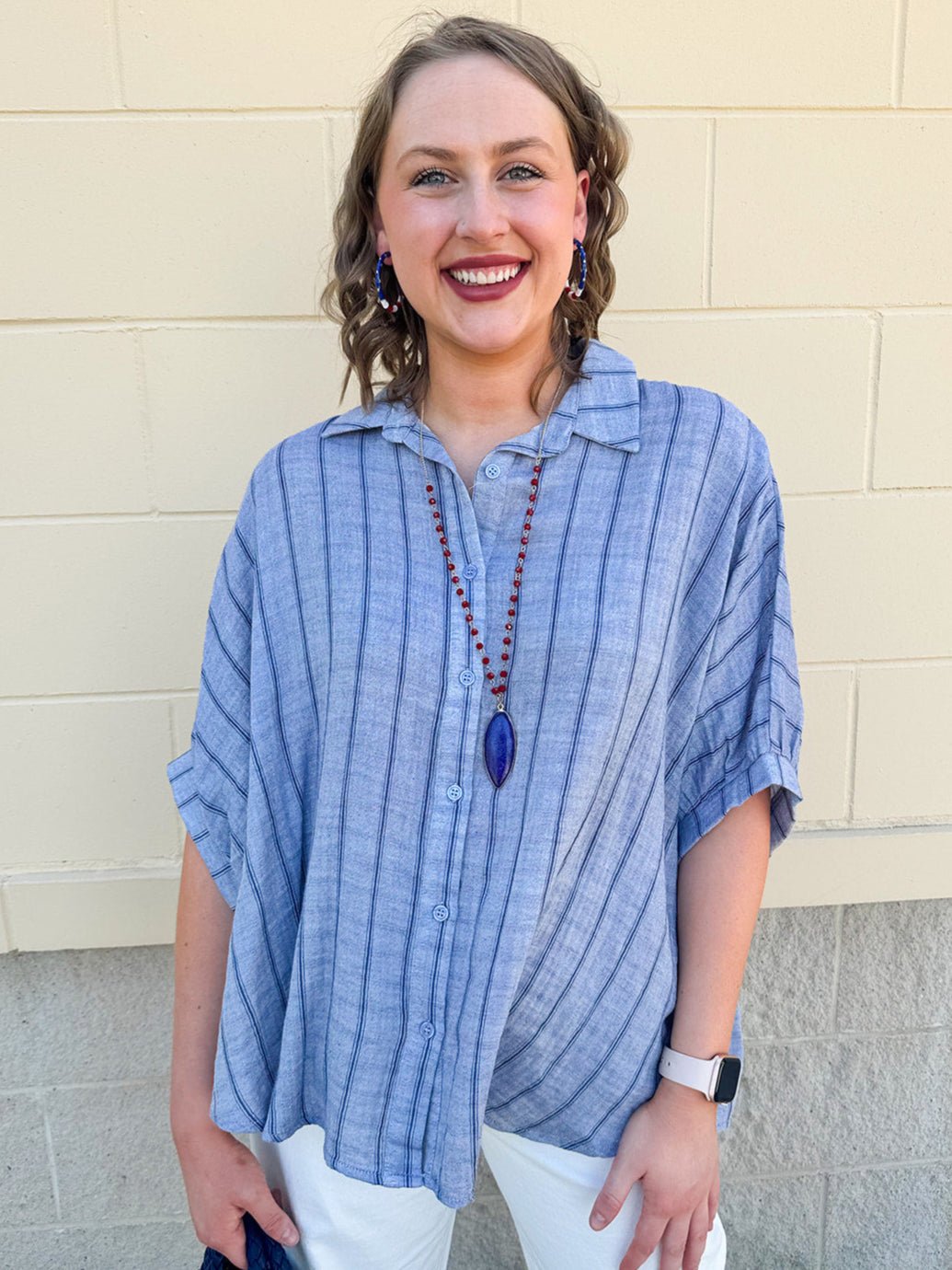 {FINAL SALE} Seabreeze Stripe Gauze Blouse in Blue - The Pink Pineapple 850