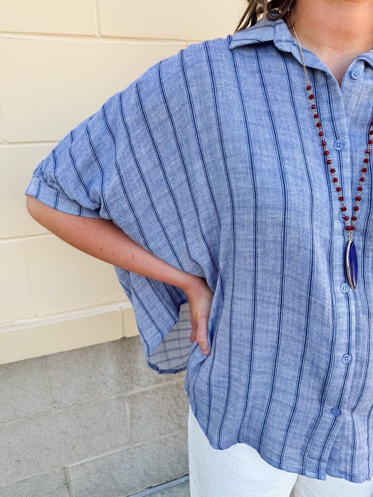{FINAL SALE} Seabreeze Stripe Gauze Blouse in Blue - The Pink Pineapple 850