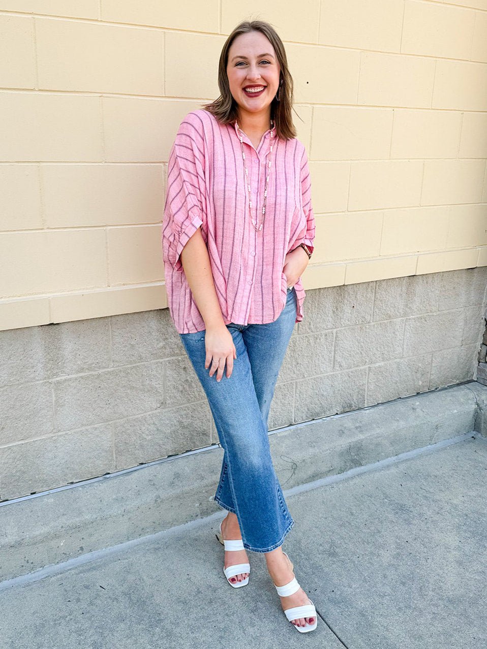 {FINAL SALE} Seabreeze Stripe Gauze Blouse in Pink - The Pink Pineapple 850