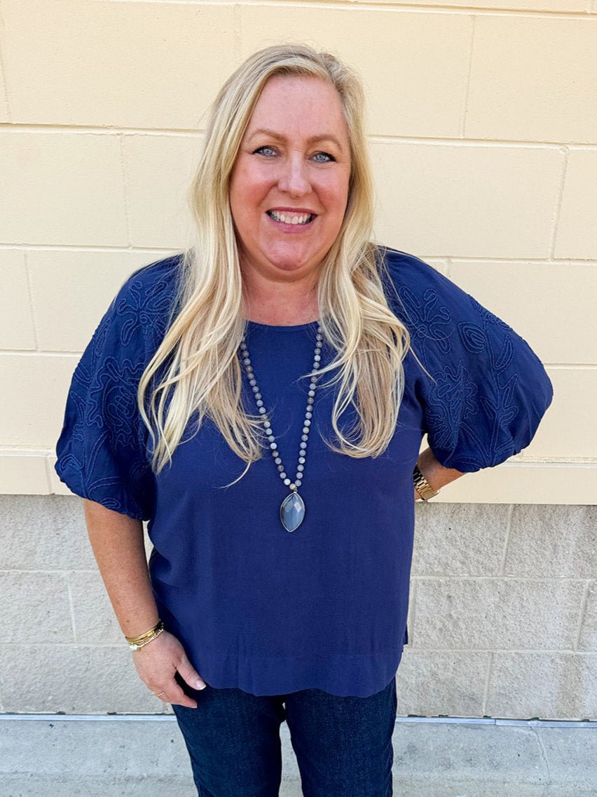 [FINAL SALE]Passing Time Linen Bubble Sleeve Top in Navy - The Pink Pineapple 850