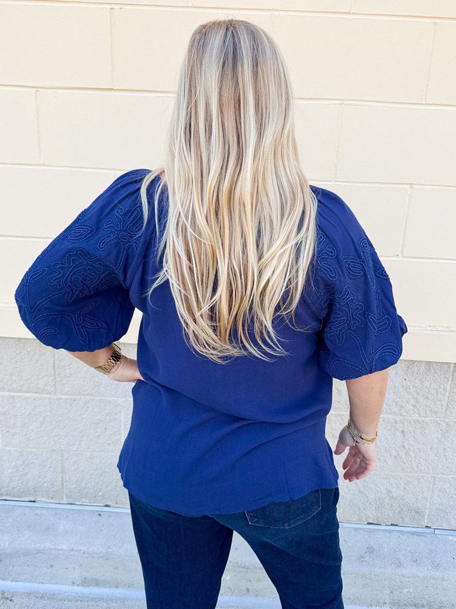 [FINAL SALE]Passing Time Linen Bubble Sleeve Top in Navy - The Pink Pineapple 850