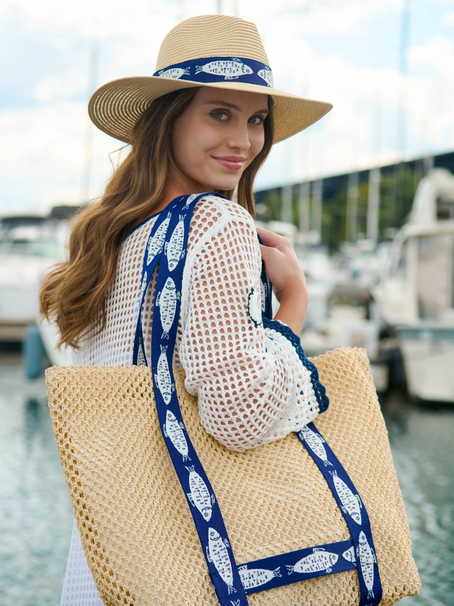 Fisher Woven Tote & Sun Hat Set in Navy - The Pink Pineapple 850