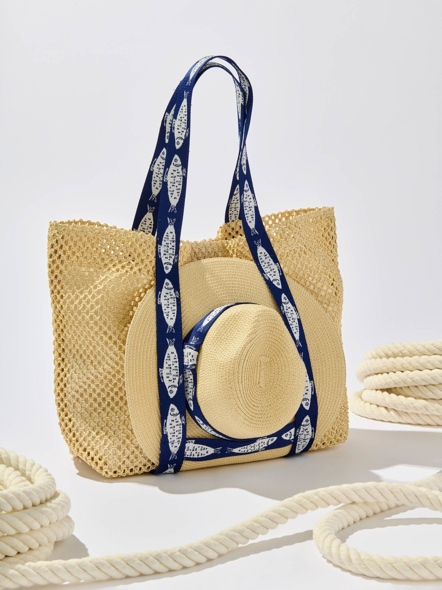 Fisher Woven Tote & Sun Hat Set in Navy - The Pink Pineapple 850
