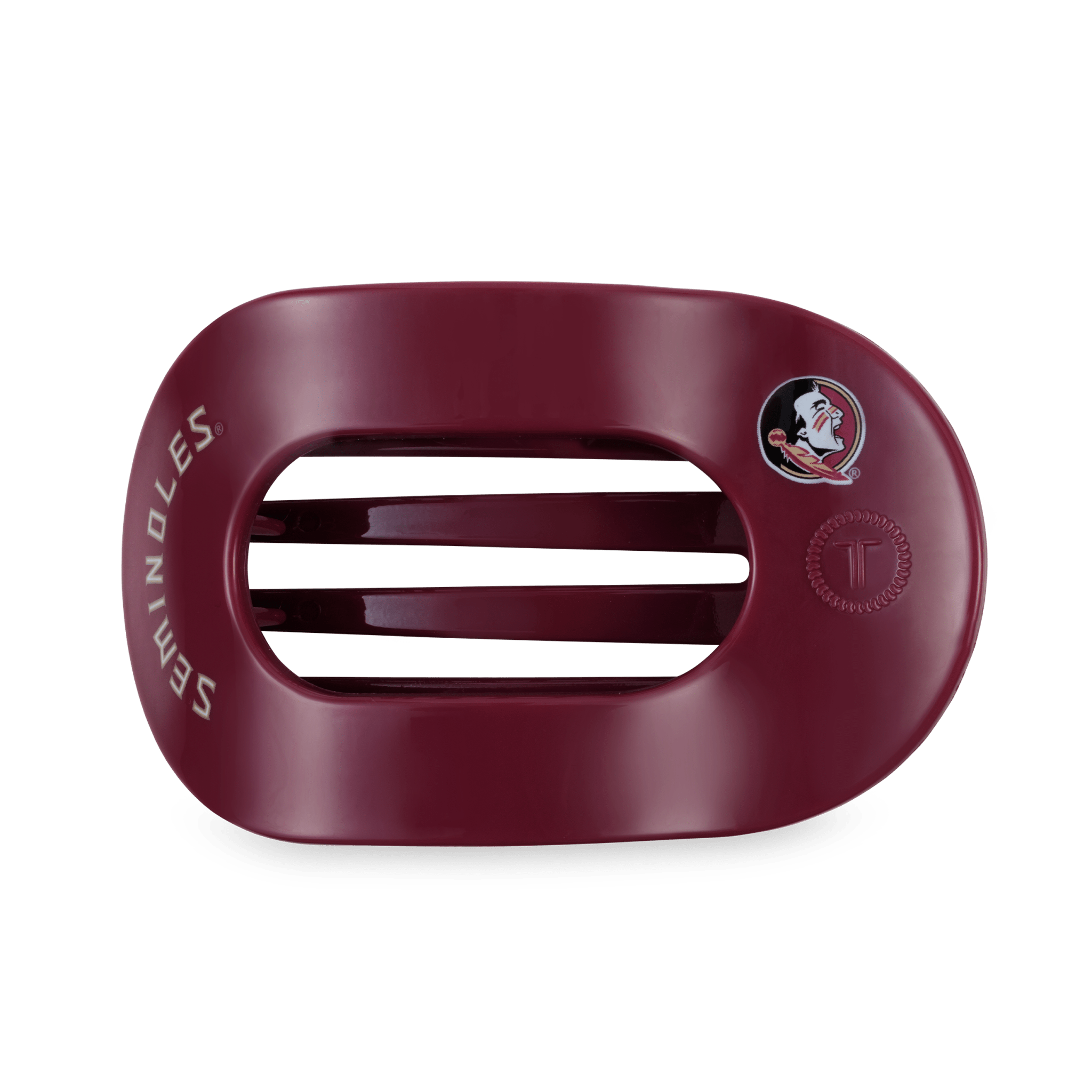 Large garnet and gold flat round hair clip with a comfortable flat-back design and secure bendable teeth featuring a Go Noles theme.