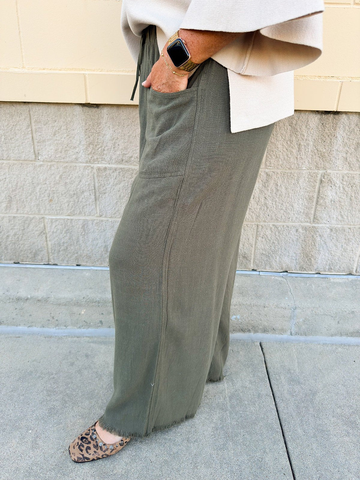 Fresh Breeze Frayed Wide Leg Linen Pants in Olive - The Pink Pineapple 850