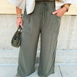 Fresh Breeze Frayed Wide Leg Linen Pants in Olive - The Pink Pineapple 850