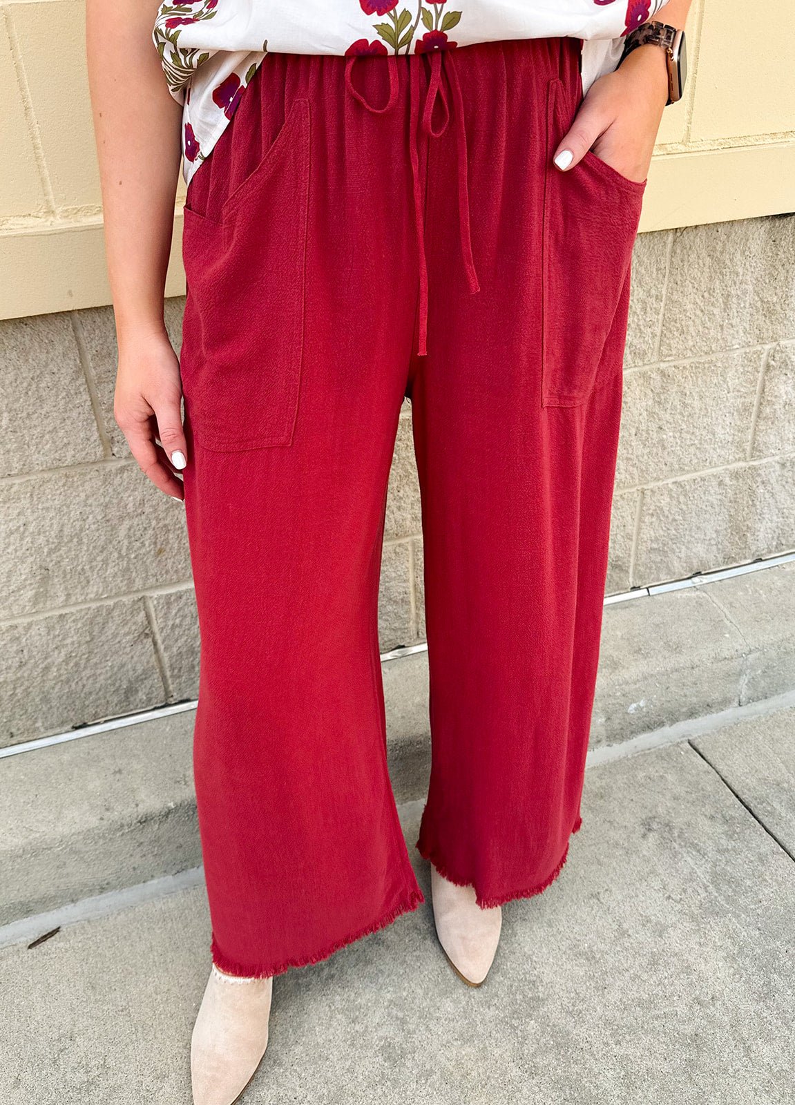 Fresh Breeze Frayed Wide Leg Linen Pants in Rust - The Pink Pineapple 850