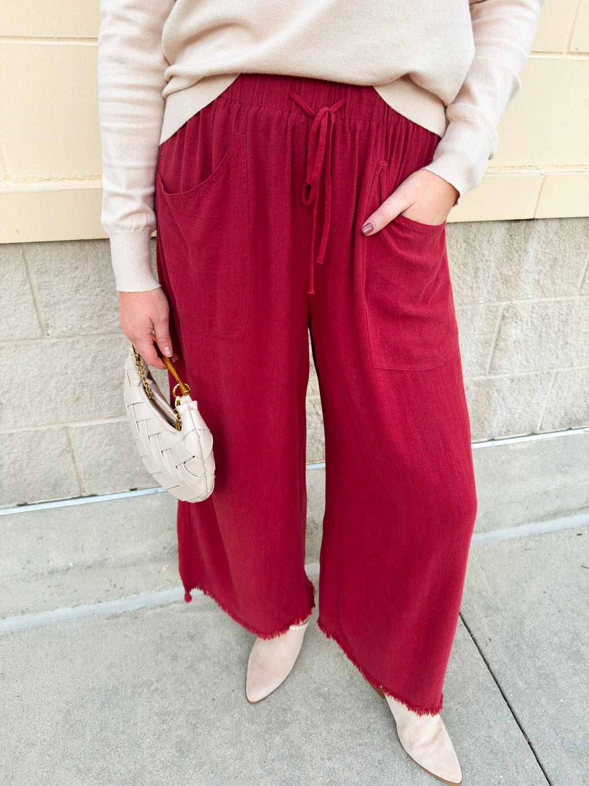 Fresh Breeze Frayed Wide Leg Linen Pants in Rust - The Pink Pineapple 850
