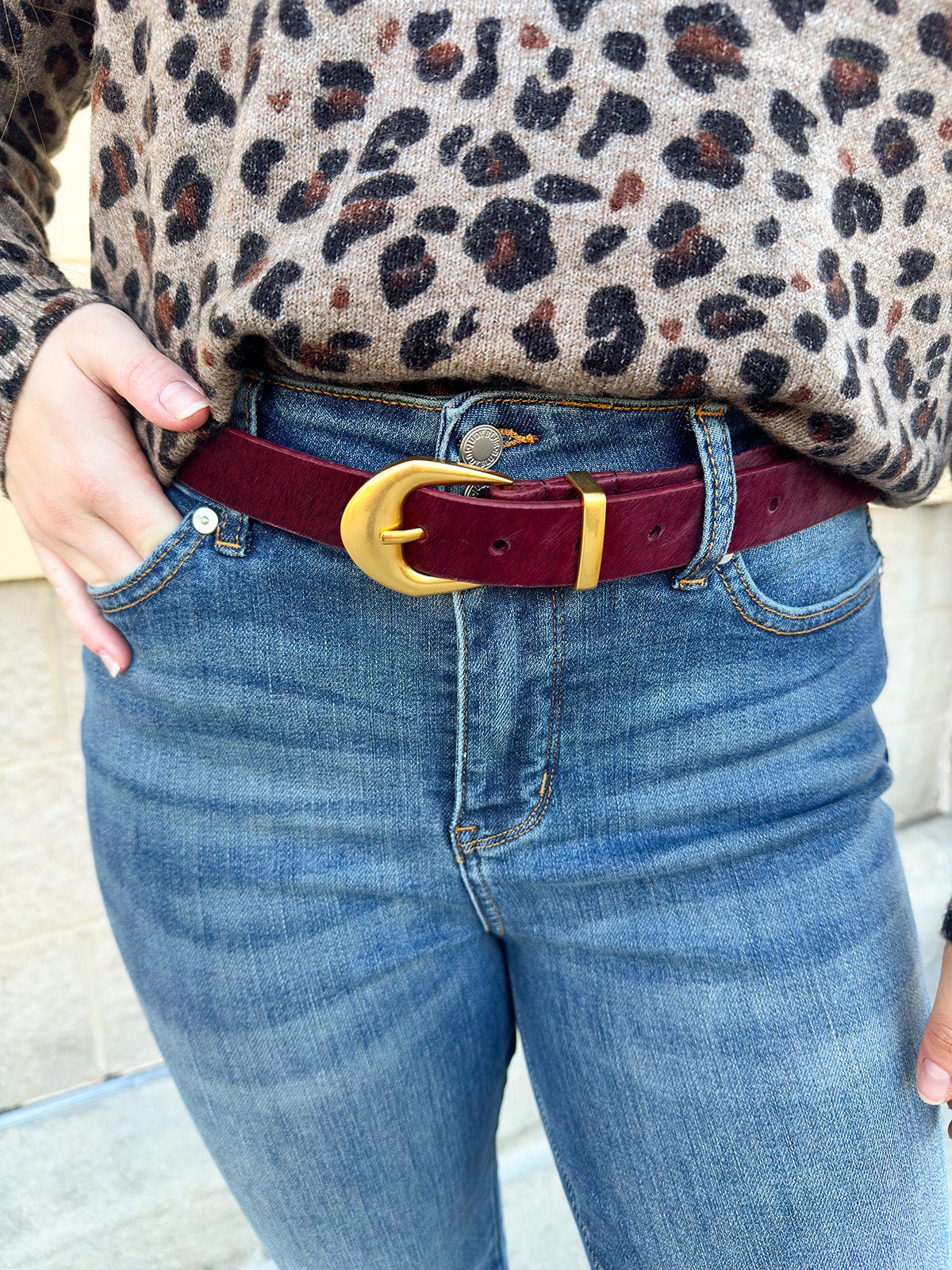 Garnet Calf Hair Belt with Gold Brass Buckle - The Pink Pineapple 850
