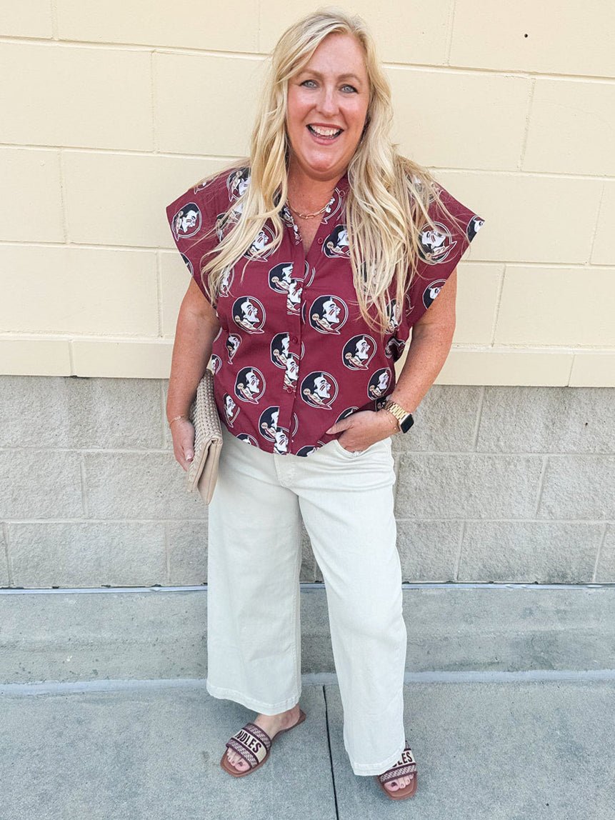 Garnet Ruffle Collar Poplin Blouse with Seminole Print - The Pink Pineapple 850