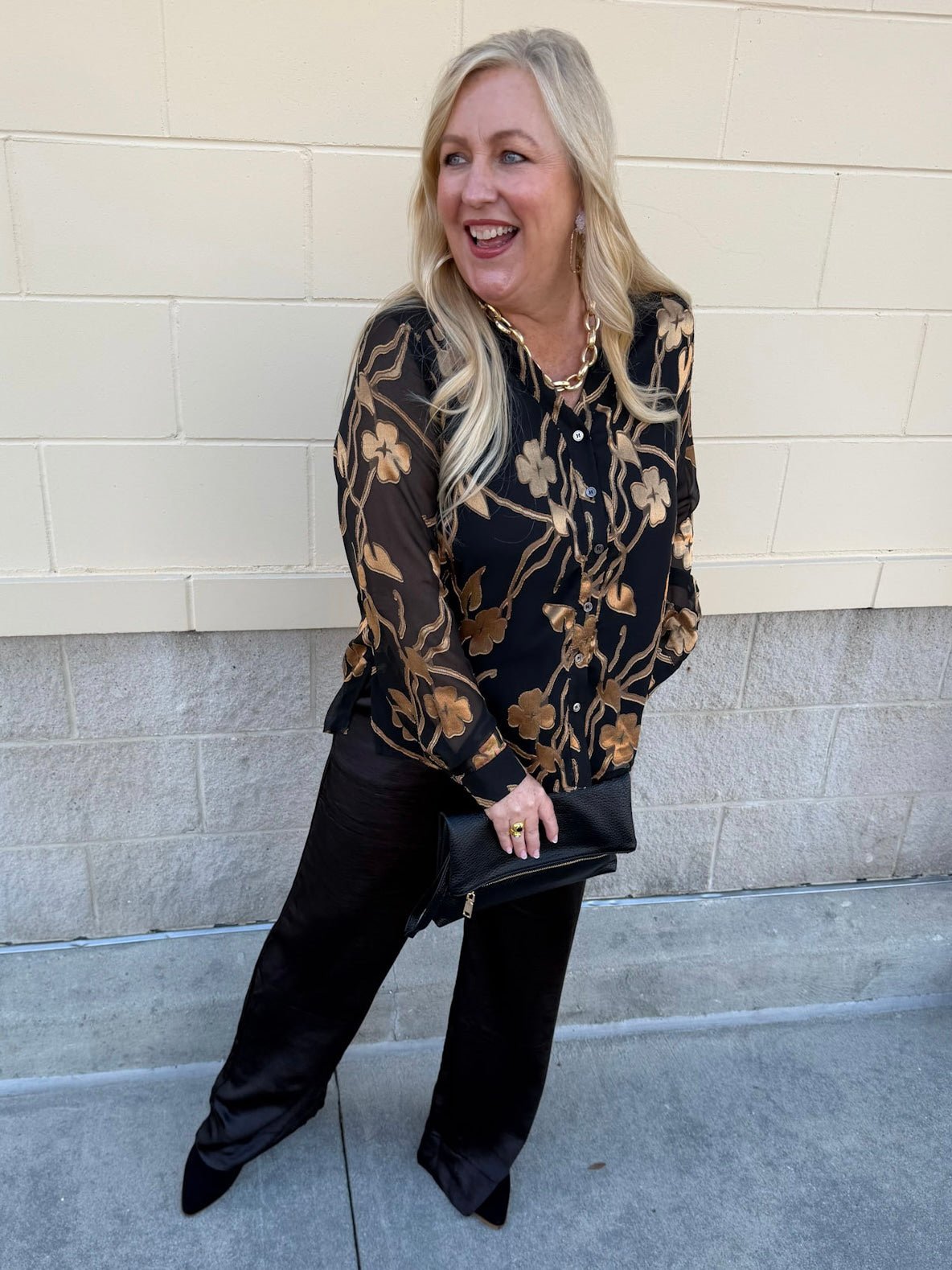 Gilded Evening Button Front Blouse - The Pink Pineapple 850