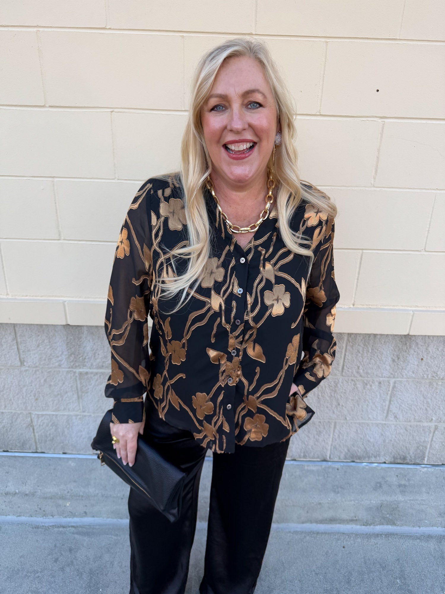 Gilded Evening Button Front Blouse - The Pink Pineapple 850