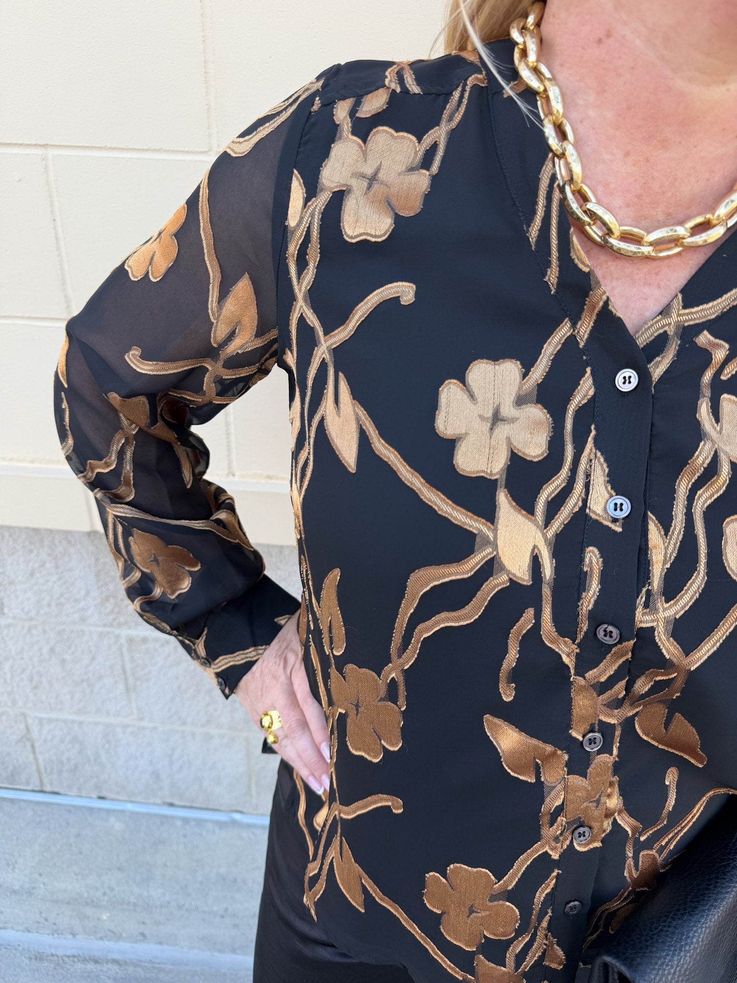 Gilded Evening Button Front Blouse - The Pink Pineapple 850