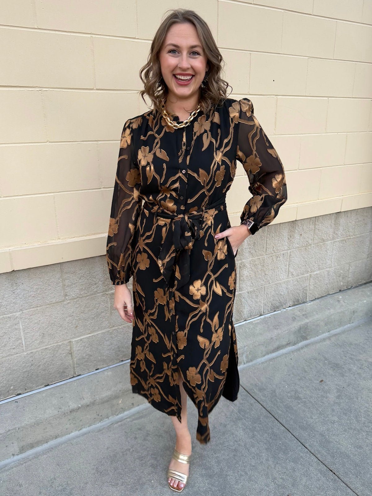 Gilded Evening Button - Up Belted Midi Dress - The Pink Pineapple 850