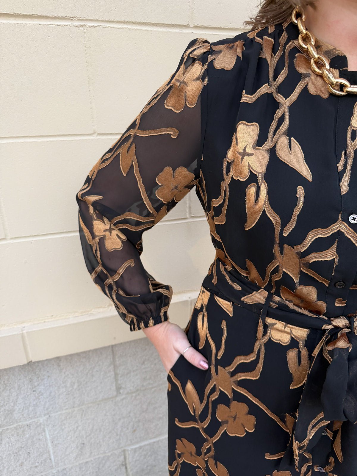 Gilded Evening Button - Up Belted Midi Dress - The Pink Pineapple 850