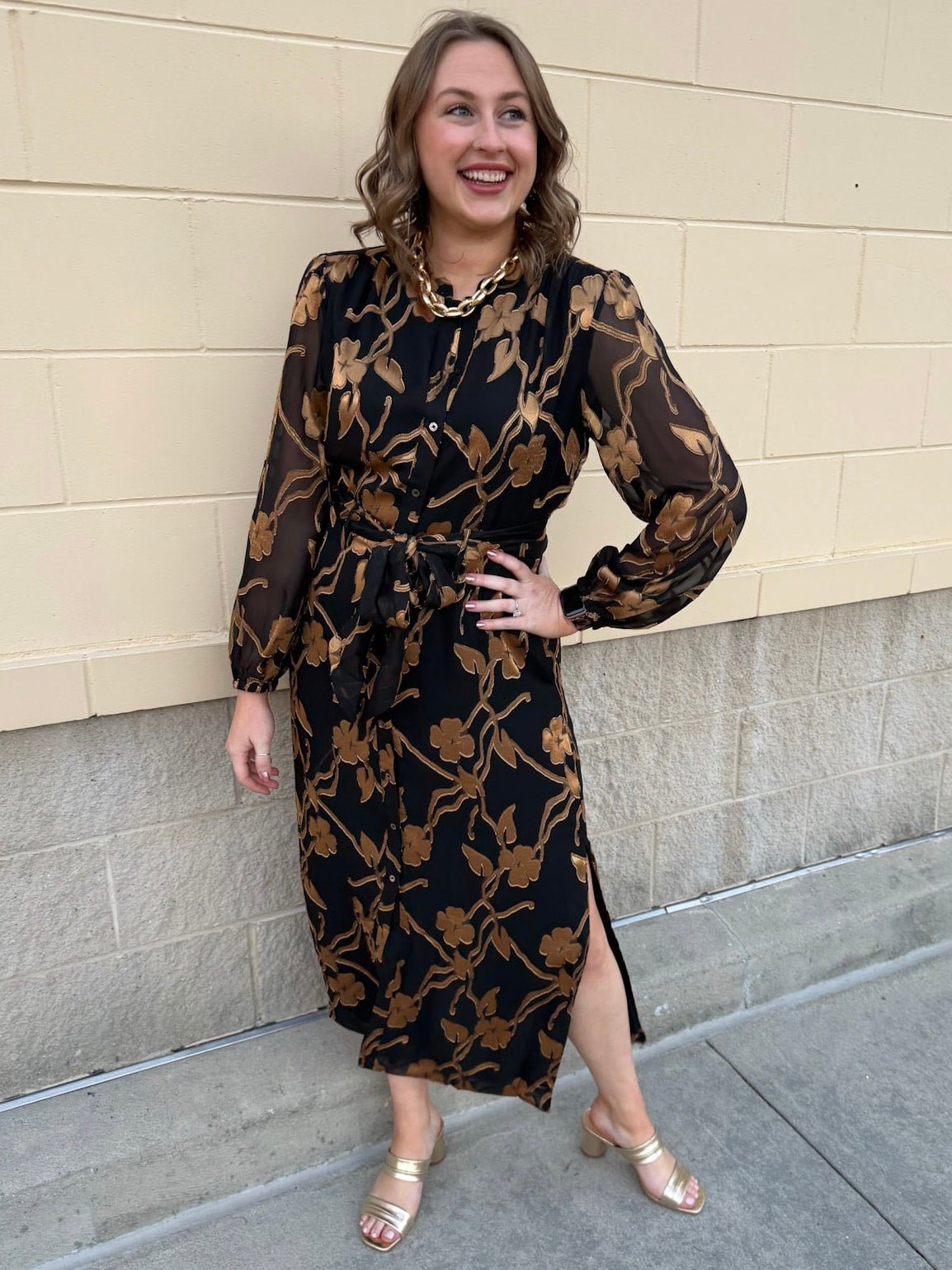 Gilded Evening Button - Up Belted Midi Dress - The Pink Pineapple 850