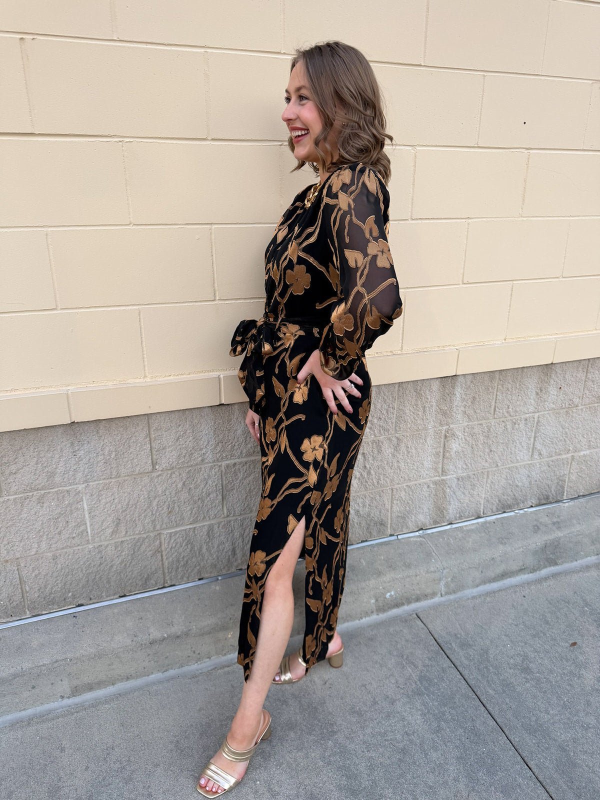 Gilded Evening Button - Up Belted Midi Dress - The Pink Pineapple 850